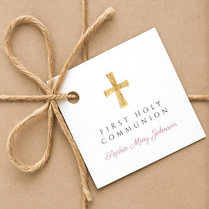 Elegant Pink Script Cross First Communion  Favour Tags