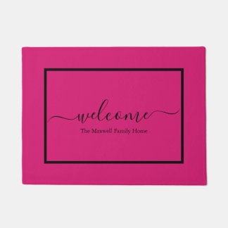 Elegant pink script family name welcome doormat