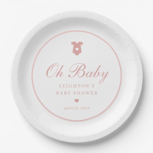 Elegant Pink Script Girls Oh Baby Shower  Paper Plate (Front)