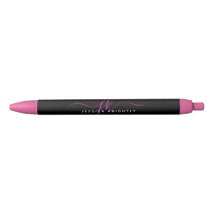 Elegant Pink Script Monogram Initials Name Black Ink Pen