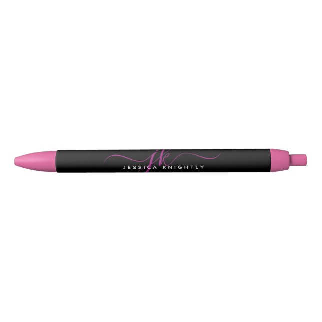 Elegant Pink Script Monogram Initials Name Black Ink Pen (Front)