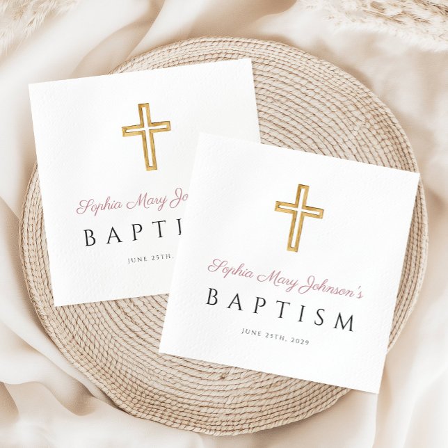 Elegant Pink Script Religious Cross Girl Baptism Napkin (Elegant Pink Script Religious Cross Girl Baptism Napkins)