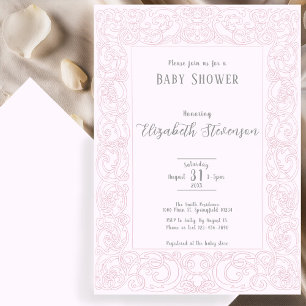 Elegant Pink Scrollwork Baby Shower  Invitation