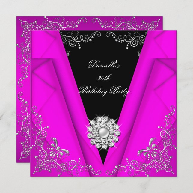 Elegant Pink Silver Black Birthday 30th Invitation (Front/Back)