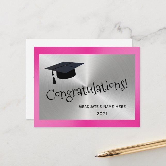 Elegant Pink Silver Congratulations Graduation Postcard (Front/Back In Situ)