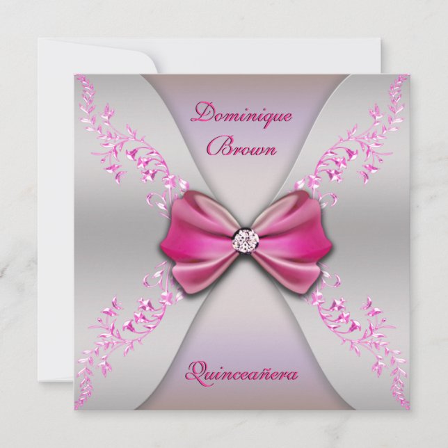 Elegant Pink Silver Diamond Bow Quinceanera Invitation (Front)