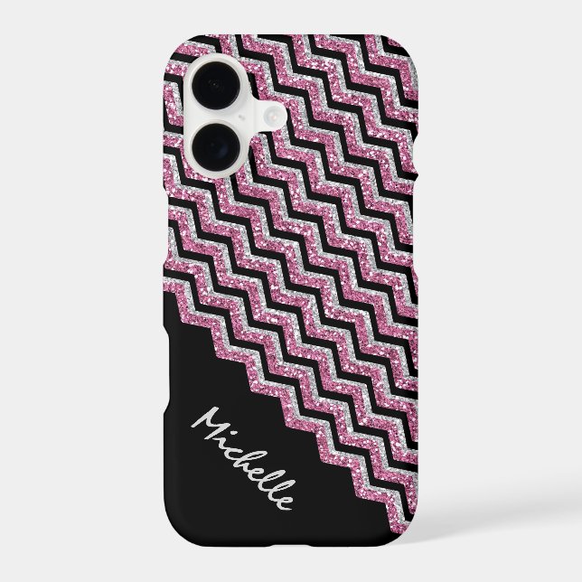 Elegant Pink Silver Glitter Chevron Personalized (Back)