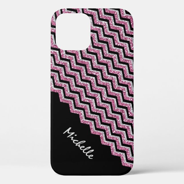 Elegant Pink Silver Glitter Chevron Personalized Case-Mate iPhone Case (Back)