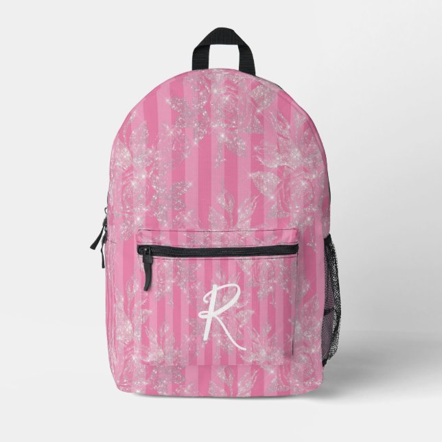 Elegant Pink & Silver Glitter Floral Personalized Printed Backpack (Front)