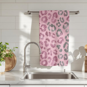 Elegant Pink Silver Glitter Leopard on Rose Gold Kitchen Towel