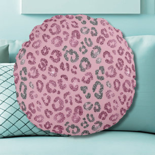 Elegant Pink Silver Glitter Leopard on Rose Gold Round Pillow