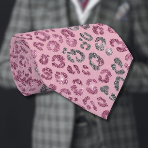 Elegant Pink Silver Glitter Leopard on Rose Gold Tie
