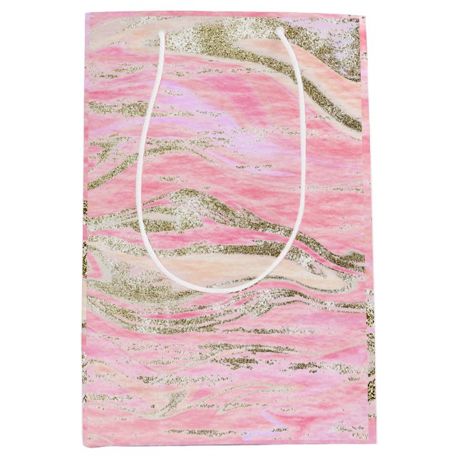 Elegant Pink Silver Glitter Marble Pattern Chic Medium Gift Bag (Front)