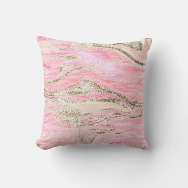 Elegant Pink Silver Glitter Marble Pattern Glam Throw Pillow (Front)