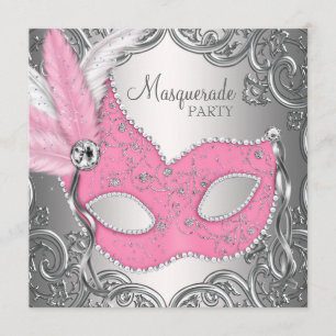Elegant Pink Silver Mask Masquerade Party Invitation