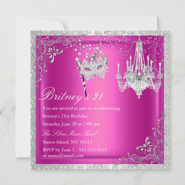 Elegant Pink & Silver Masquerade 21st Invite (Front)