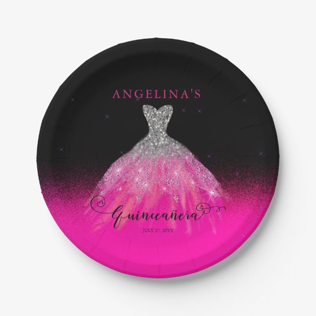 Elegant Pink | Silver Spanish Gown Quinceañera  Paper Plate (Front)