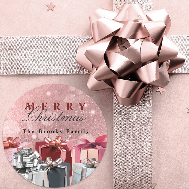 Elegant Pink Silver Wrapped Gift Boxes Christmas Classic Round Sticker (Creator Uploaded)