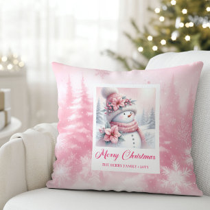 Elegant Pink Snowman Winter Scene Kids Christmas  Throw Pillow
