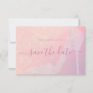 Elegant pink sparkle Cinderella shoe fairy tale Save The Date