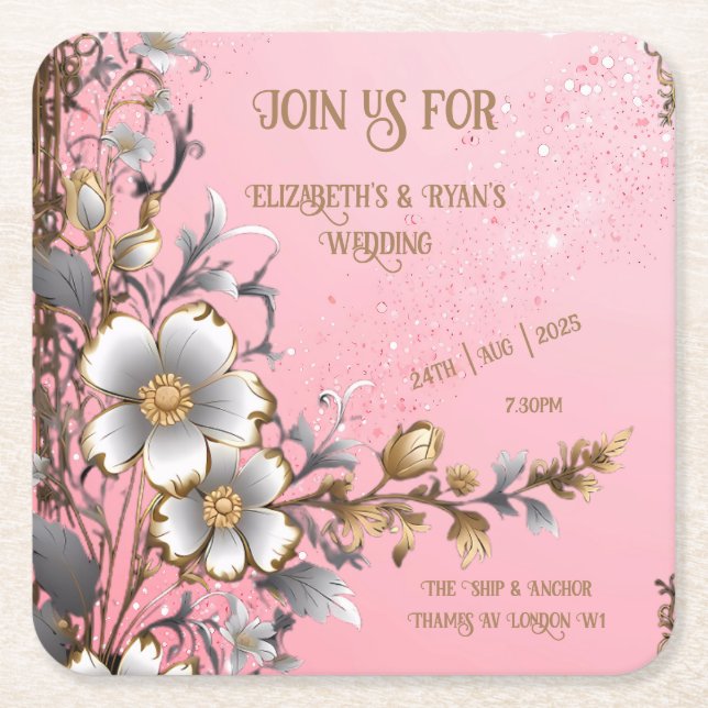 Elegant Pink Sparkle Wedding Background Square Paper Coaster (Front)