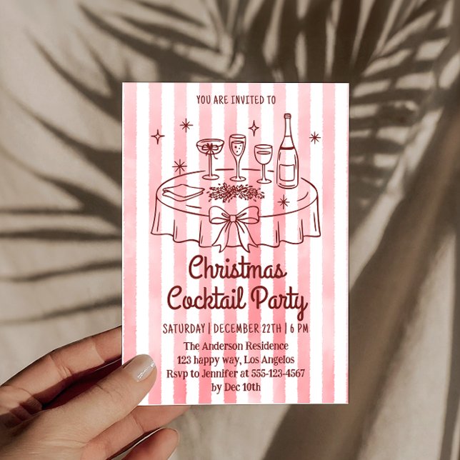 Elegant Pink Striped Christmas Cocktail Party Invitation (Creator Uploaded)
