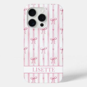 Elegant Pink Striped Coquette Bows Monogrammed iPhone 15 Pro Case