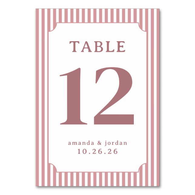 Elegant Pink Striped Table Number (Front)