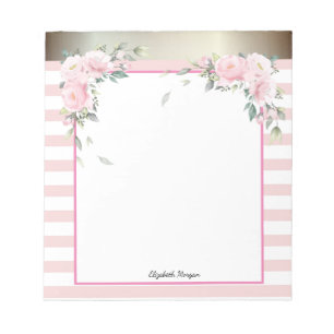 Elegant Pink Striped,Watercolor Flowers Notepad