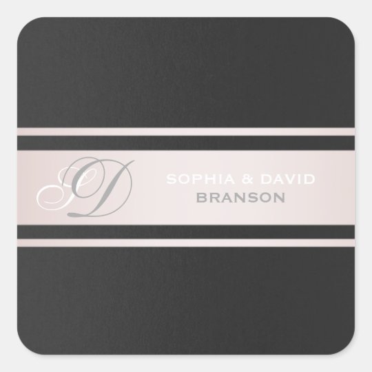 Elegant Pink Stripes Black Textured Monogram Square Sticker
