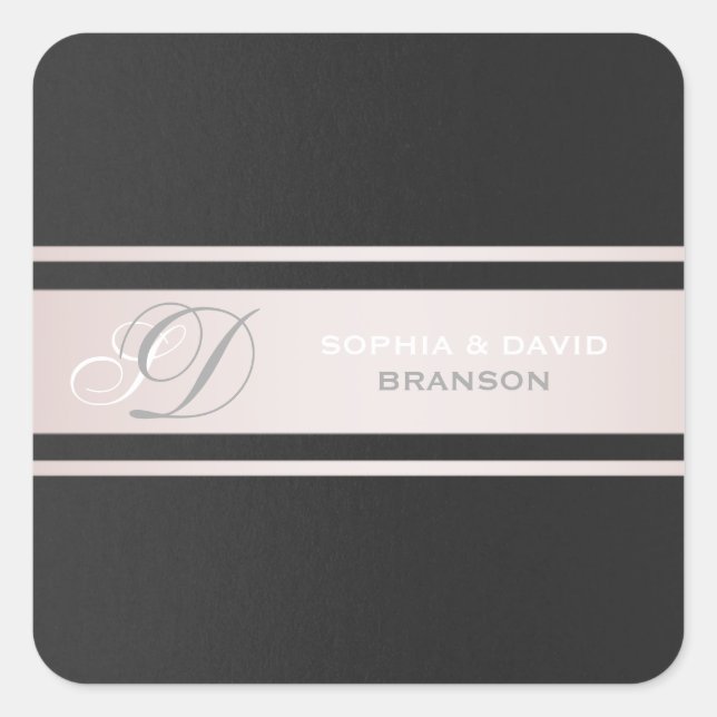 Elegant Pink Stripes Black Textured Monogram Square Sticker (Front)
