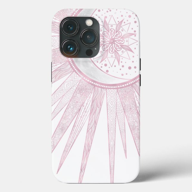 Elegant Pink Sun Moon Doodle Mandala White Design Case-Mate iPhone Case (Back)