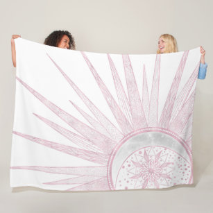 Elegant Pink Sun Moon Doodle Mandala White Design Fleece Blanket