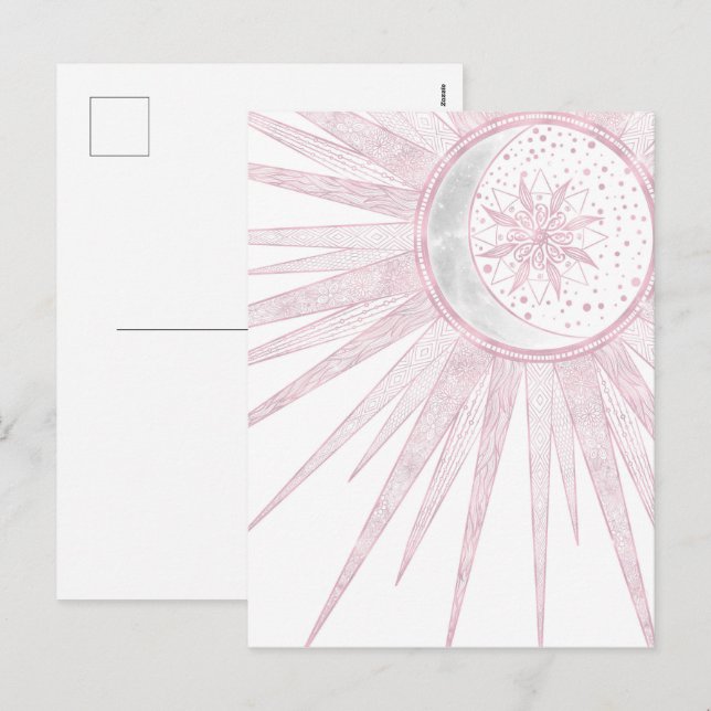 Elegant Pink Sun Moon Doodle Mandala White Design Holiday Postcard (Front/Back)