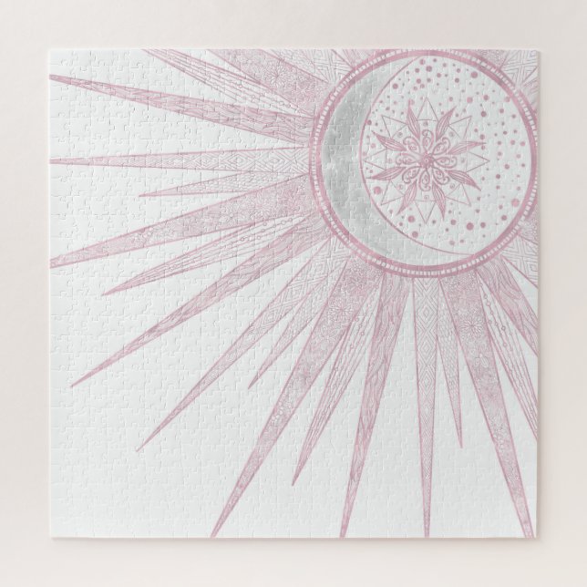 Elegant Pink Sun Moon Doodle Mandala White Design Jigsaw Puzzle (Vertical)