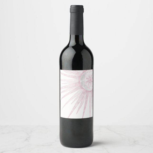 Elegant Pink Sun Moon Doodle Mandala White Design Wine Label (Front)