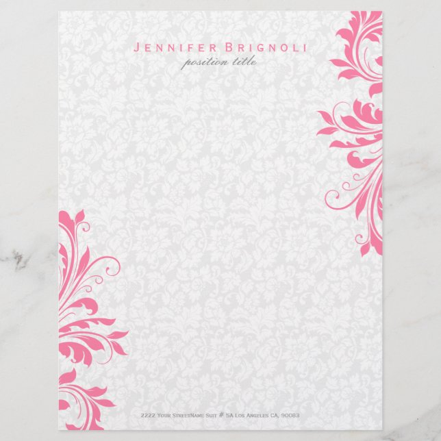 Elegant Pink Swirls On White Damasks Letterhead (Front)