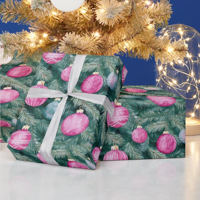 Elegant pink teal Christmas baubles Wrapping Paper (Holidays)