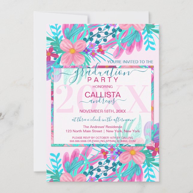 Elegant Pink Teal Painted Flowers Leaf Graduation Invitation (Front)