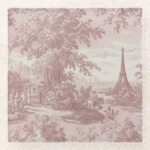 Elegant Pink Toile de Jouy French Country Scene  Glass Coaster