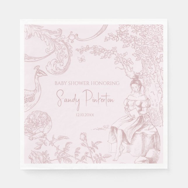 Elegant Pink Toile Jouy Baby Shower Book Request Napkin (Front)