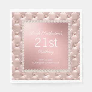 Elegant Pink Tufted Pearls 21st Birthday Napkin