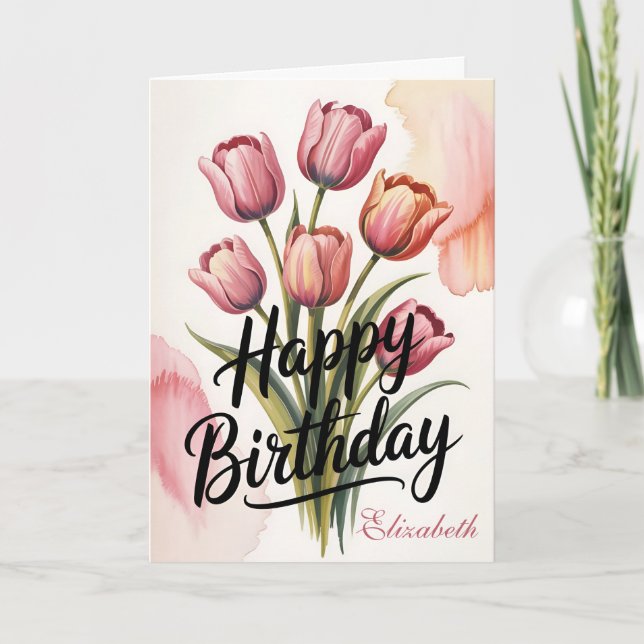 Elegant Pink Tulip Floral Birthday Card (Front)