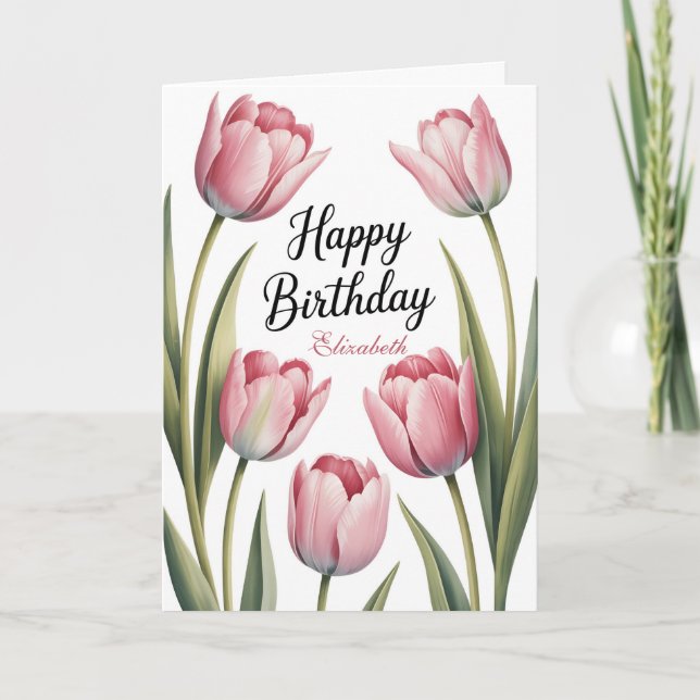 Elegant Pink Tulip Floral Birthday Card (Front)