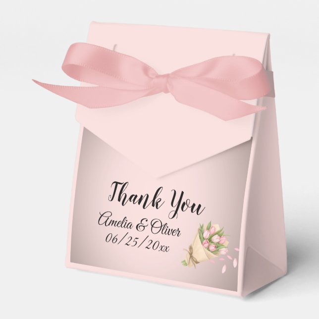 Elegant Pink Tulips Bouquet Wedding Favor Box (Front Side)