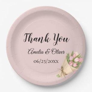 Elegant Pink Tulips Bouquet Wedding Paper Plate