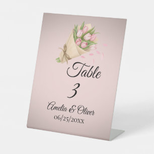Elegant Pink Tulips Bouquet wedding Table Number Pedestal Sign