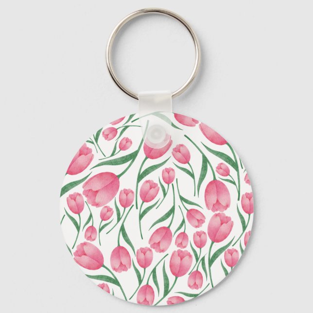 Elegant Pink tulips pattern floral Keychain (Front)