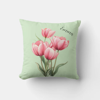 Elegant Pink Tulips Sage Green Personalized Throw Pillow