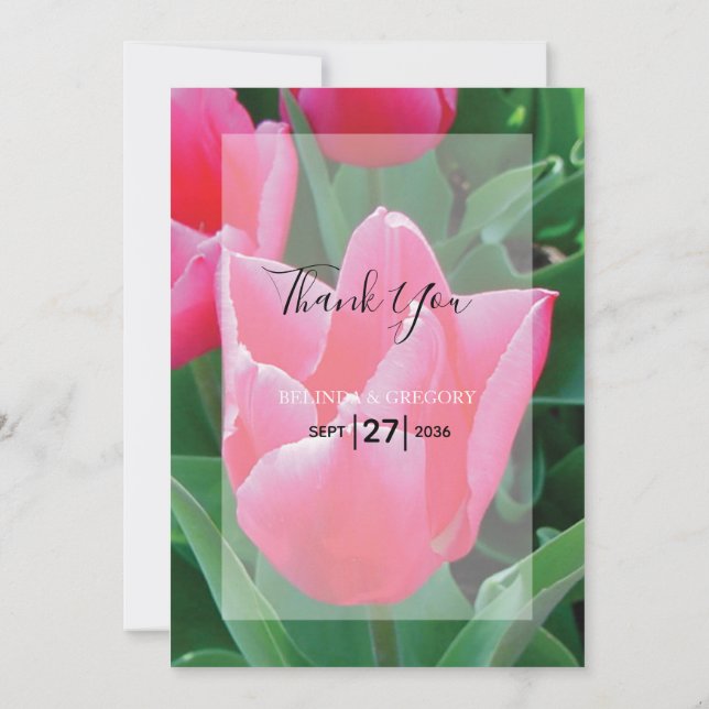 Elegant Pink Tulips Wedding Thank You Card (Back)